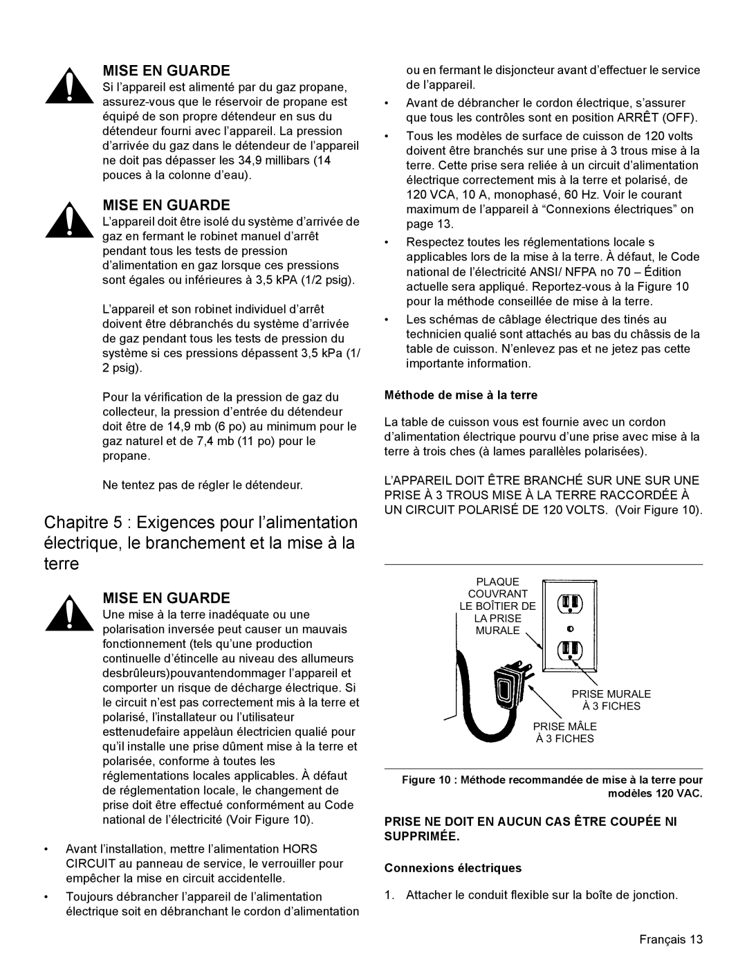 Thermador PCG48, PCG36, PCG30 installation manual Méthode de mise à la terre, Connexions électriques 