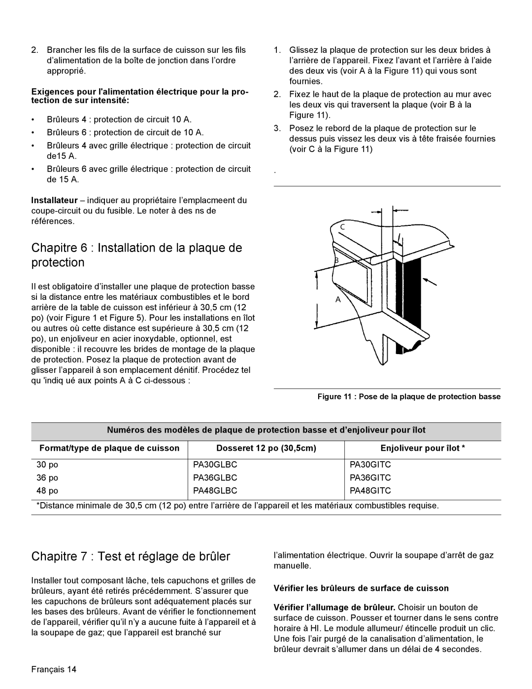 Thermador PCG30, PCG36, PCG48 Chapitre 6 Installation de la plaque de protection, Chapitre 7 Test et réglage de brûler 