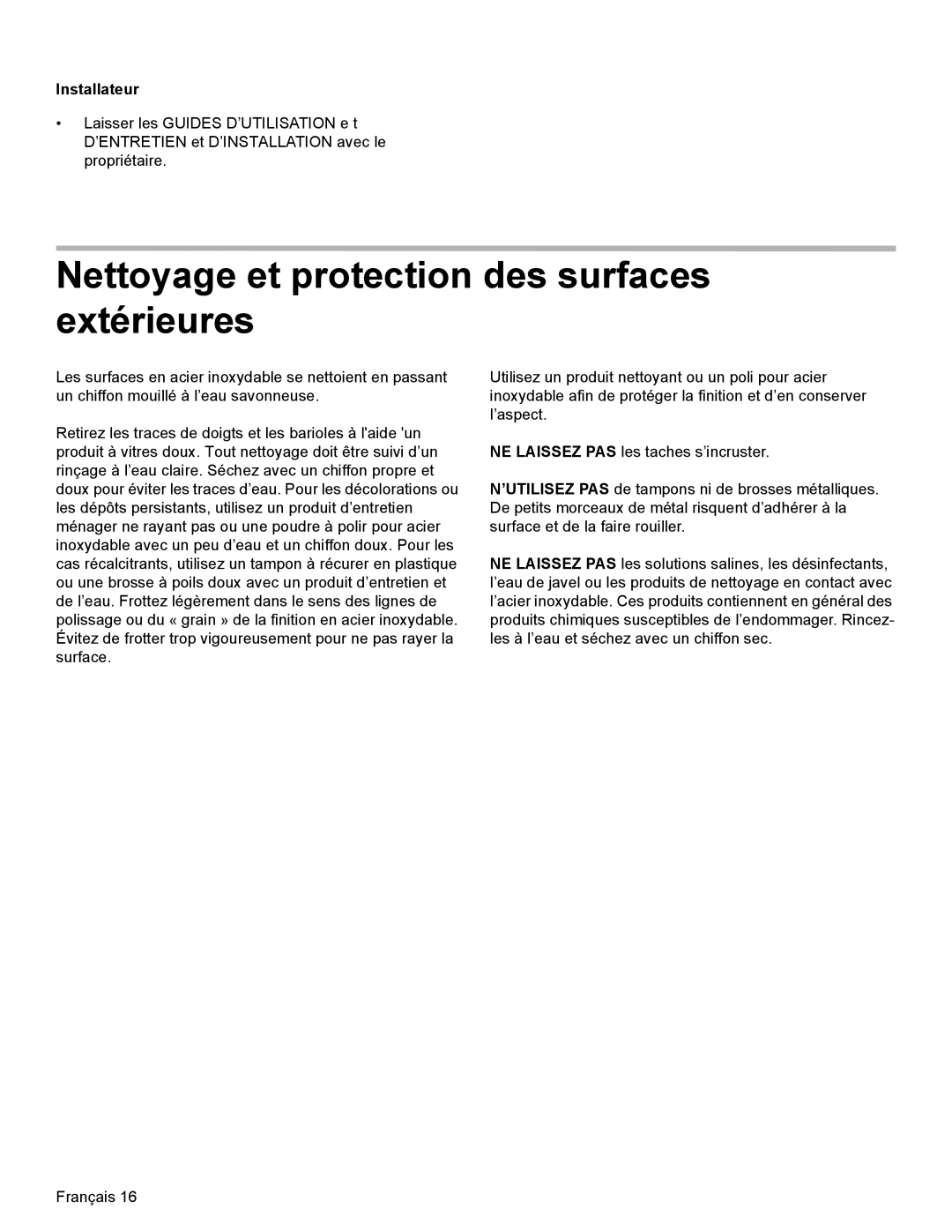 Thermador PCG48, PCG36, PCG30 installation manual Nettoyage et protection des surfaces extérieures, Installateur 