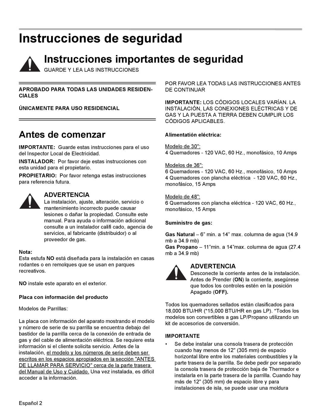 Thermador PCG30, PCG36, PCG48 Instrucciones de seguridad, Nota, Placa con información del producto, Alimentatión eléctrica 