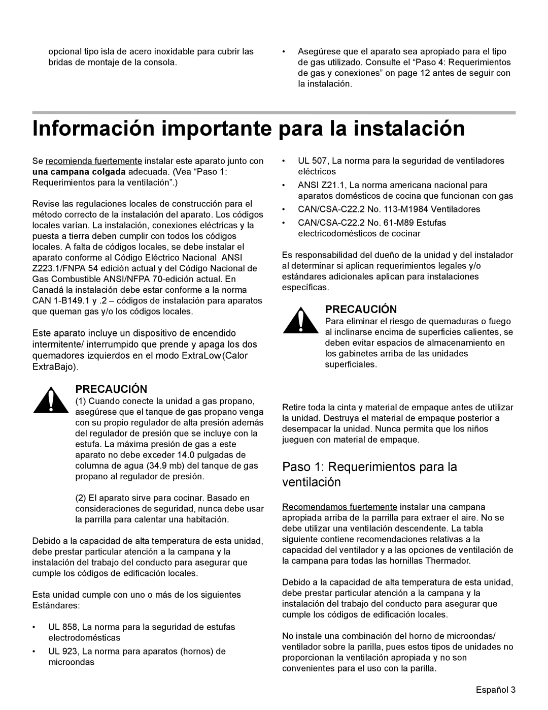 Thermador PCG36, PCG48 Información importante para la instalación, Paso 1 Requerimientos para la ventilación, Precaución 