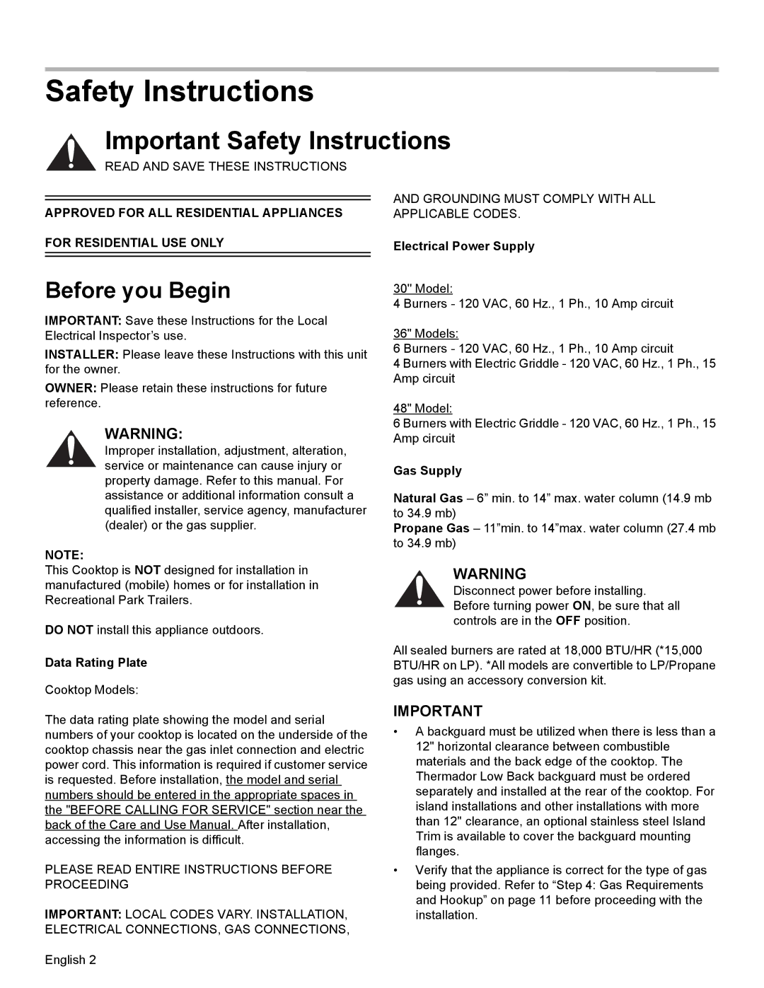 Thermador PCG48, PCG36, PCG30 installation manual Before you Begin, Data Rating Plate 