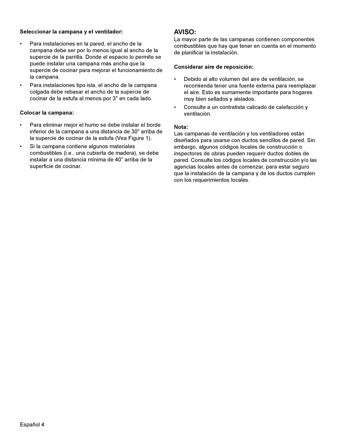 Thermador PCG48, PCG36 Aviso, Seleccionar la campana y el ventilador, Colocar la campana, Considerar aire de reposición 