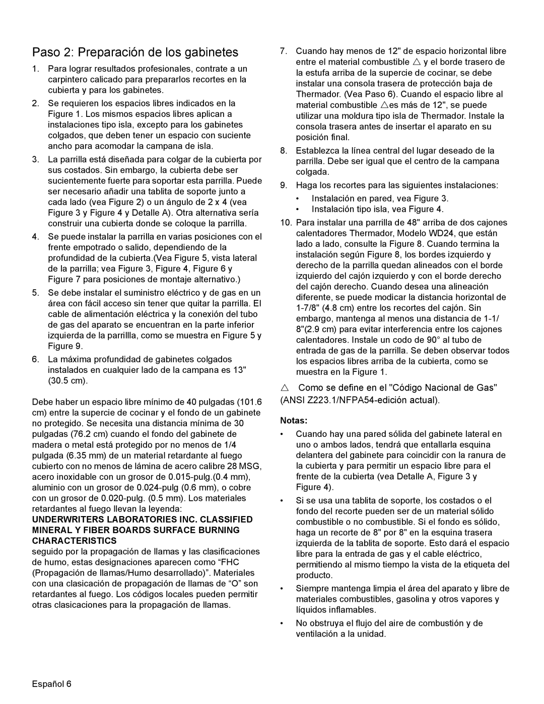 Thermador PCG36, PCG48, PCG30 installation manual Paso 2 Preparación de los gabinetes, Notas 