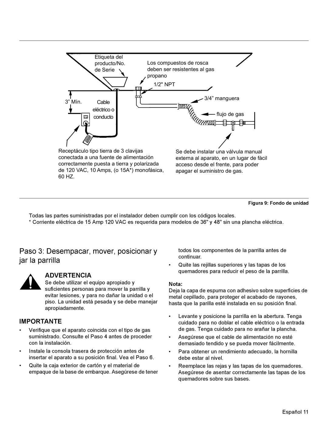 Thermador PCG30, PCG36, PCG48 installation manual Paso 3 Desempacar, mover, posicionar y jar la parrilla, Importante 