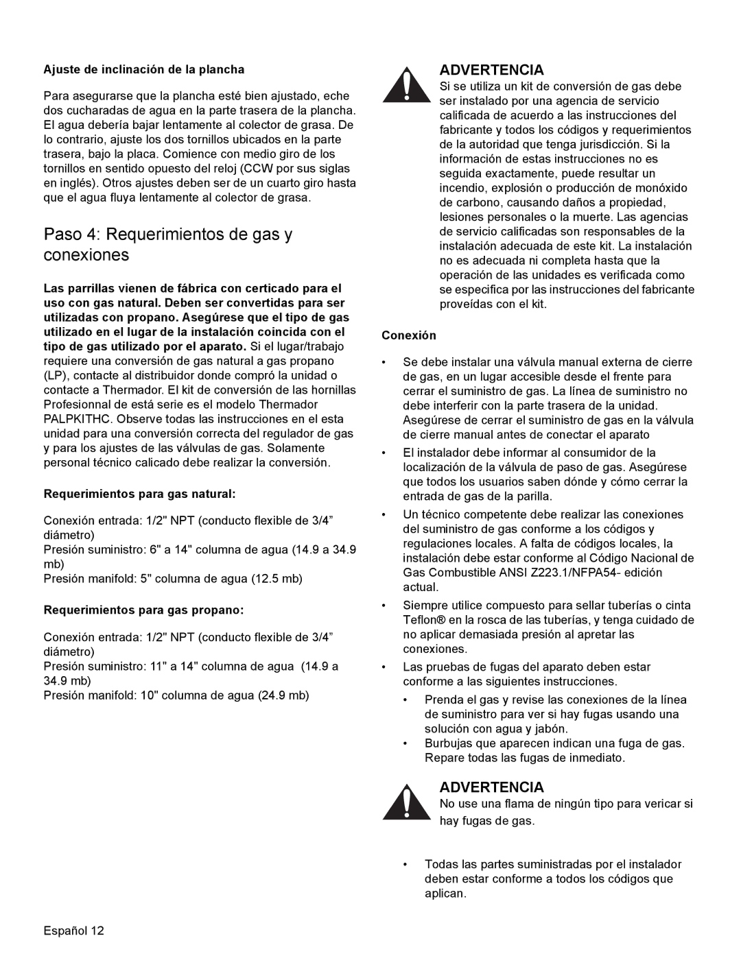 Thermador PCG36, PCG48, PCG30 Paso 4 Requerimientos de gas y conexiones, Ajuste de inclinación de la plancha, Conexión 