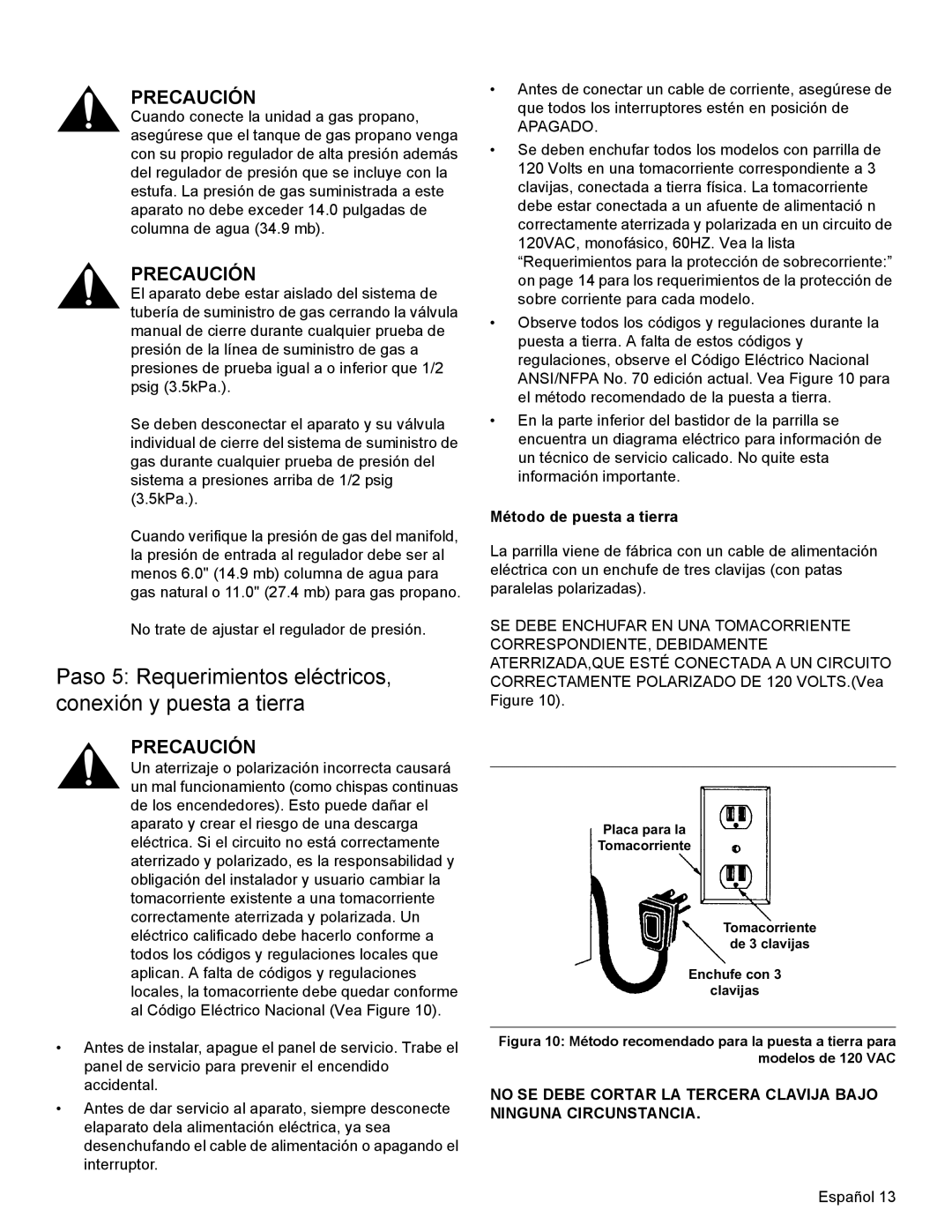 Thermador PCG48, PCG36, PCG30 installation manual Apagado, Método de puesta a tierra 