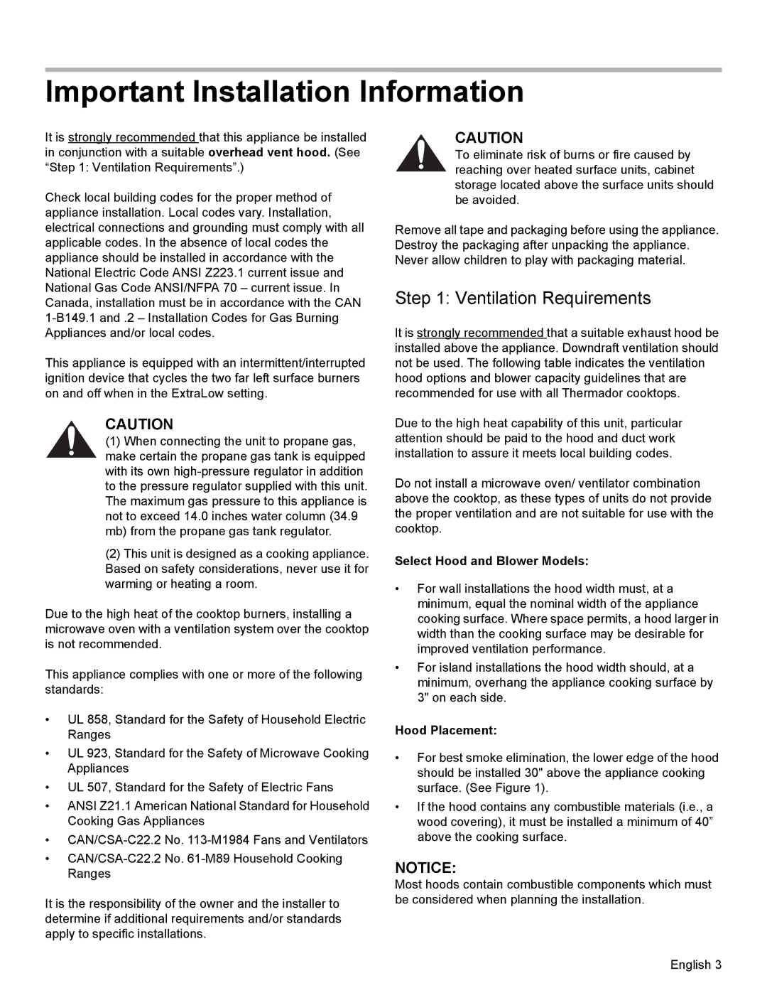 Thermador PCG30, PCG36, PCG48 Important Installation Information, Ventilation Requirements, Select Hood and Blower Models 