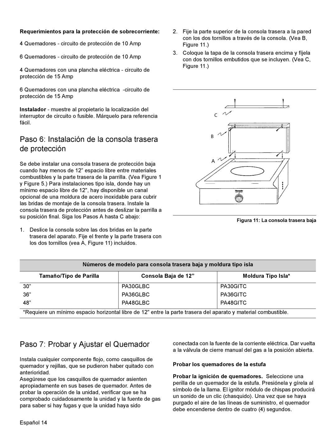 Thermador PCG30, PCG36, PCG48 Paso 6 Instalación de la consola trasera de protección, Paso 7 Probar y Ajustar el Quemador 