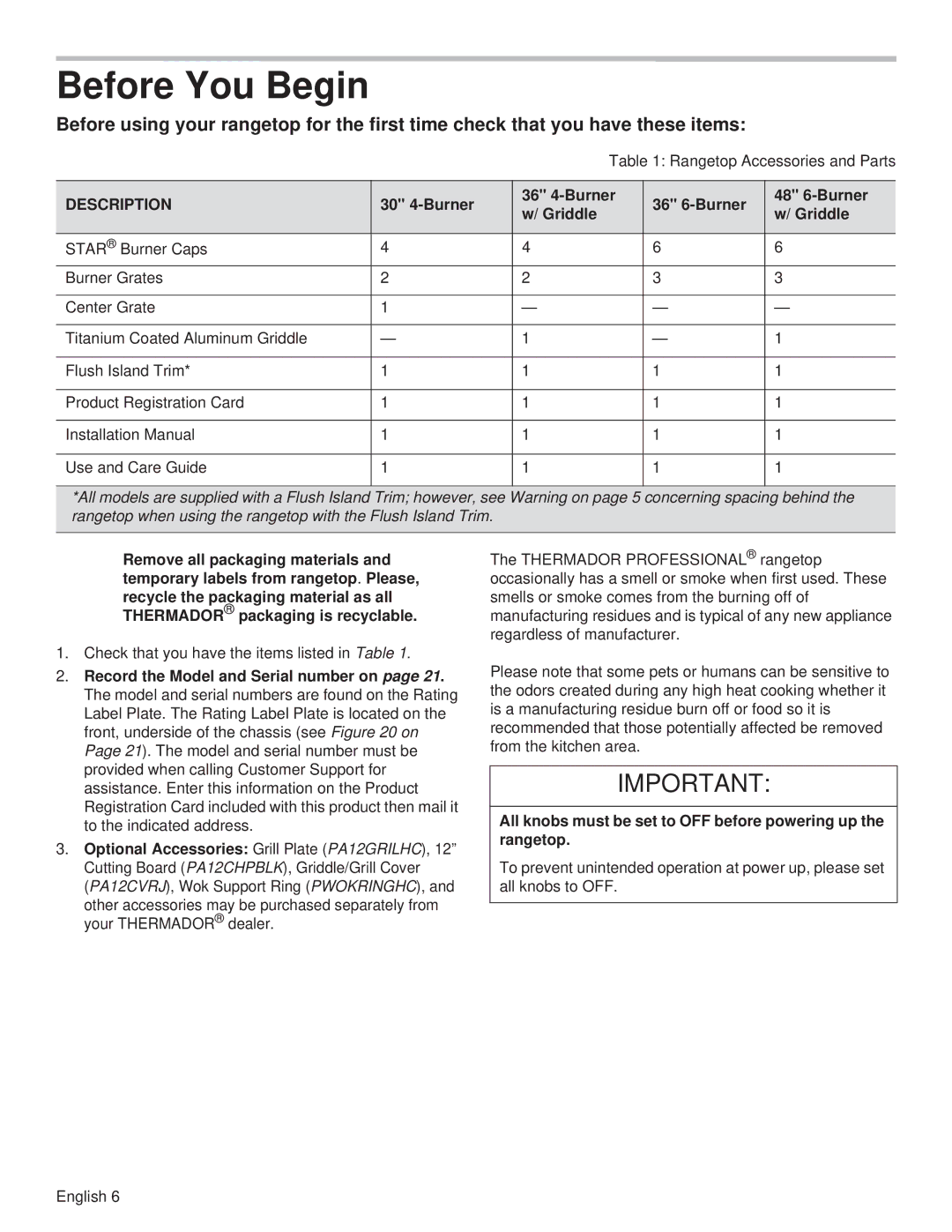 Thermador PCG30, PCG36, PCG48 manual Before You Begin, Description, 30 4-Burner 36 4-Burner 36 6-Burner 48 6-Burner Griddle 