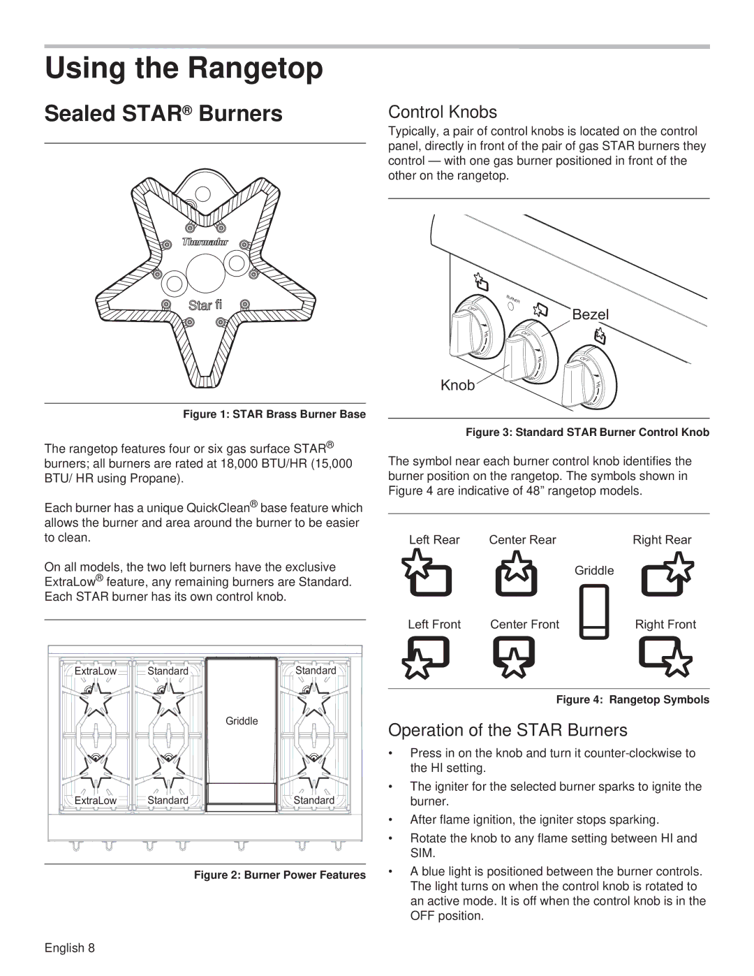 Thermador PCG48, PCG36, PCG30 manual Using the Rangetop, Sealed Star Burners, Control Knobs, Operation of the Star Burners 