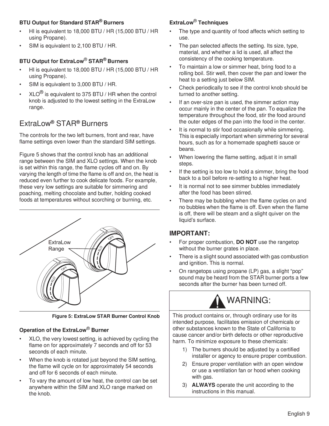 Thermador PCG30, PCG36 BTU Output for Standard Star Burners, BTU Output for ExtraLow Star Burners, ExtraLow Techniques 