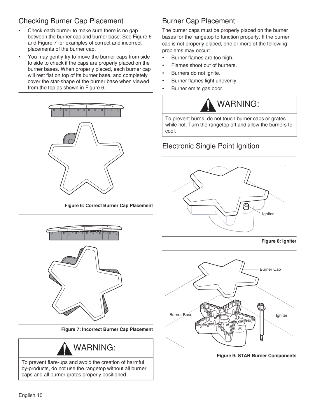 Thermador PCG36, PCG48, PCG30 manual Checking Burner Cap Placement, Electronic Single Point Ignition 