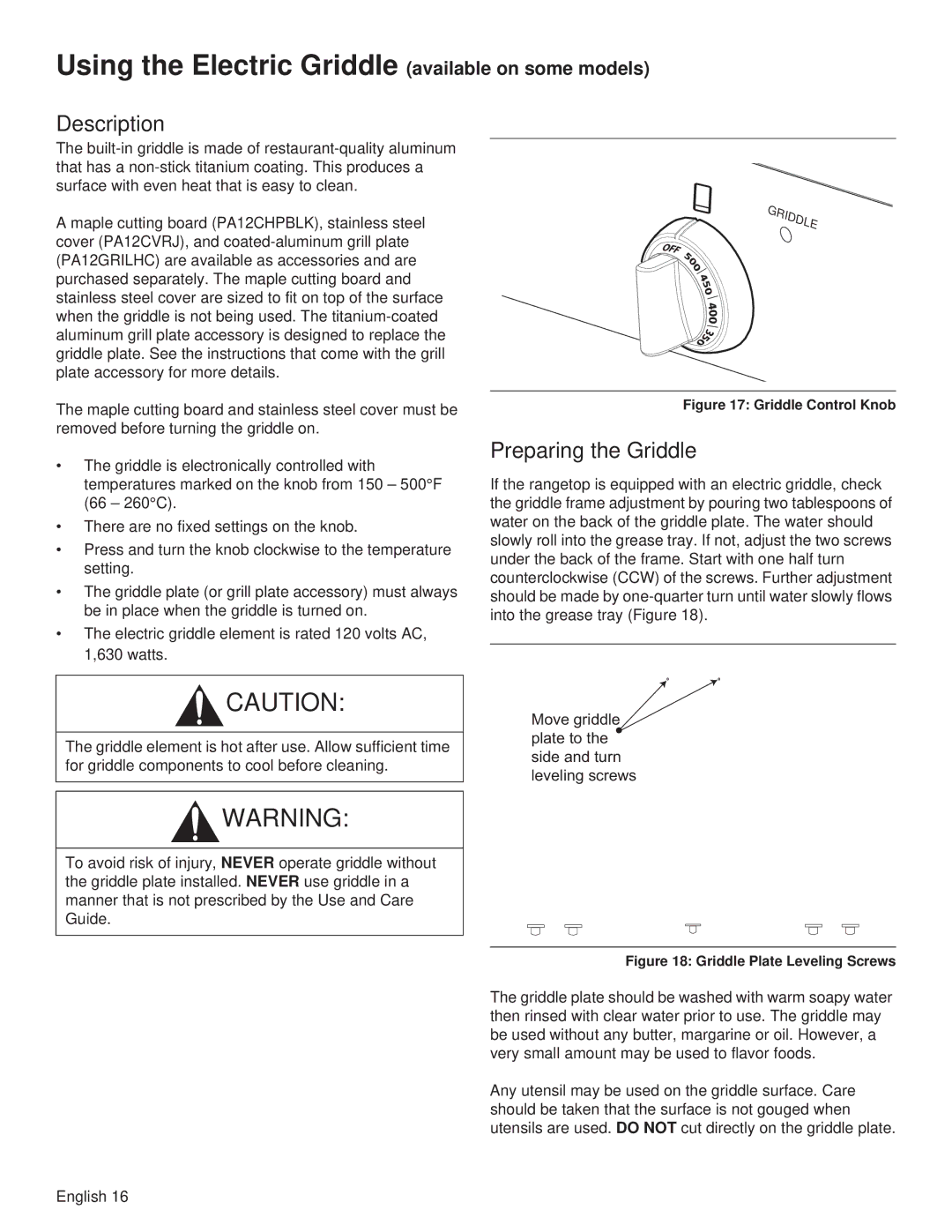 Thermador PCG36, PCG48, PCG30 manual Using the Electric Griddle available on some models, Description, Preparing the Griddle 