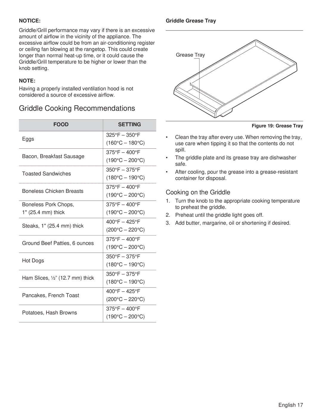 Thermador PCG48, PCG36, PCG30 manual Griddle Cooking Recommendations, Food Setting, Griddle Grease Tray 