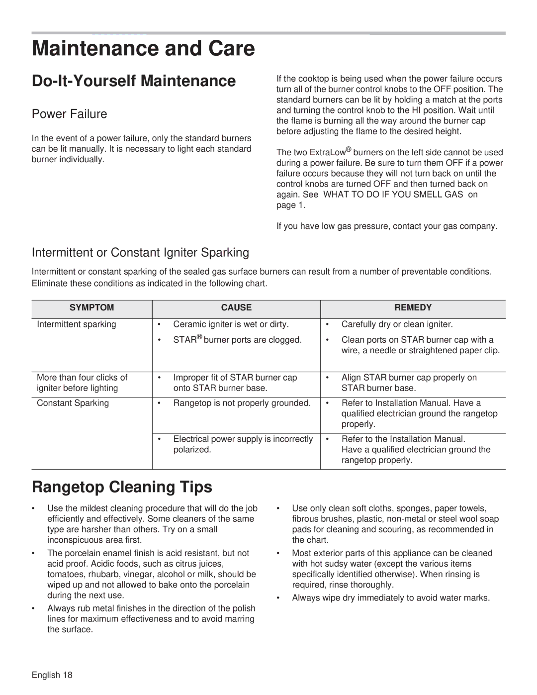 Thermador PCG30, PCG36 manual Maintenance and Care, Do-It-Yourself Maintenance, Rangetop Cleaning Tips, Symptom Cause Remedy 