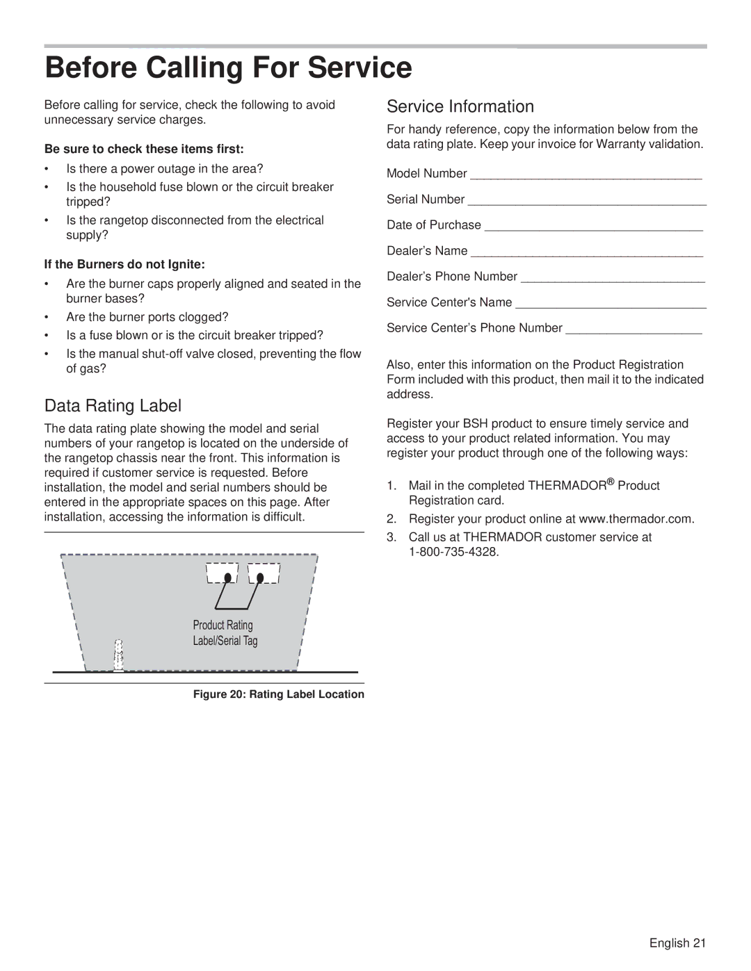 Thermador PCG30 Before Calling For Service, Data Rating Label, Service Information, Be sure to check these items first 