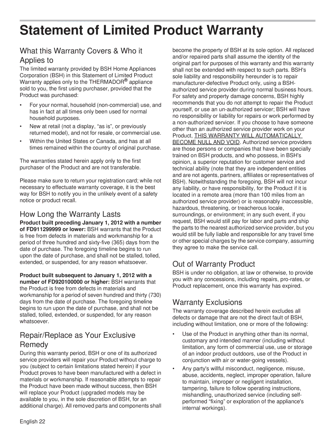 Thermador PCG36, PCG48, PCG30 manual Statement of Limited Product Warranty 