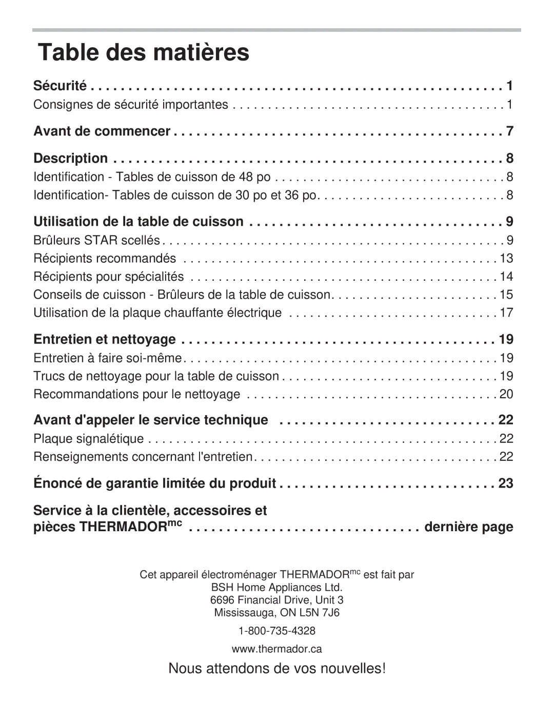 Thermador PCG30, PCG36, PCG48 Consignes de sécurité importantes, Plaque signalétique Renseignements concernant lentretien 