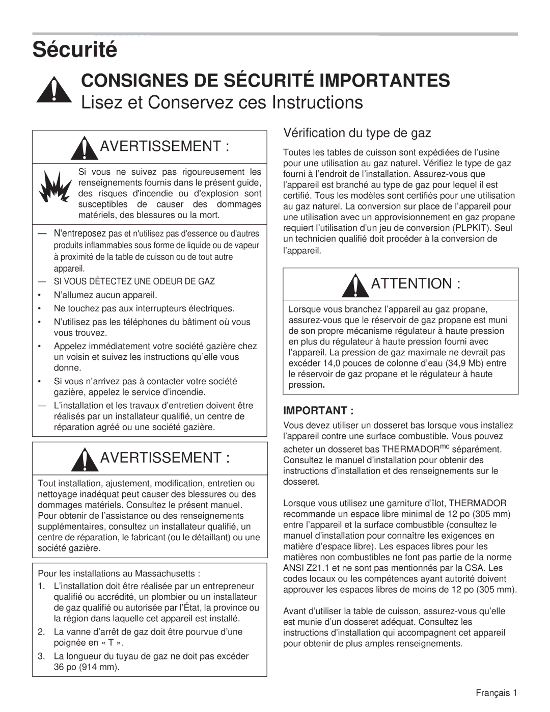 Thermador PCG36, PCG48, PCG30 manual Sécurité, Vérification du type de gaz, SI Vous Détectez UNE Odeur DE GAZ 