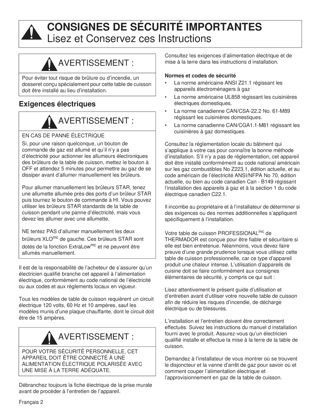 Thermador PCG48, PCG36, PCG30 manual EN CAS DE Panne Électrique, Normes et codes de sécurité 