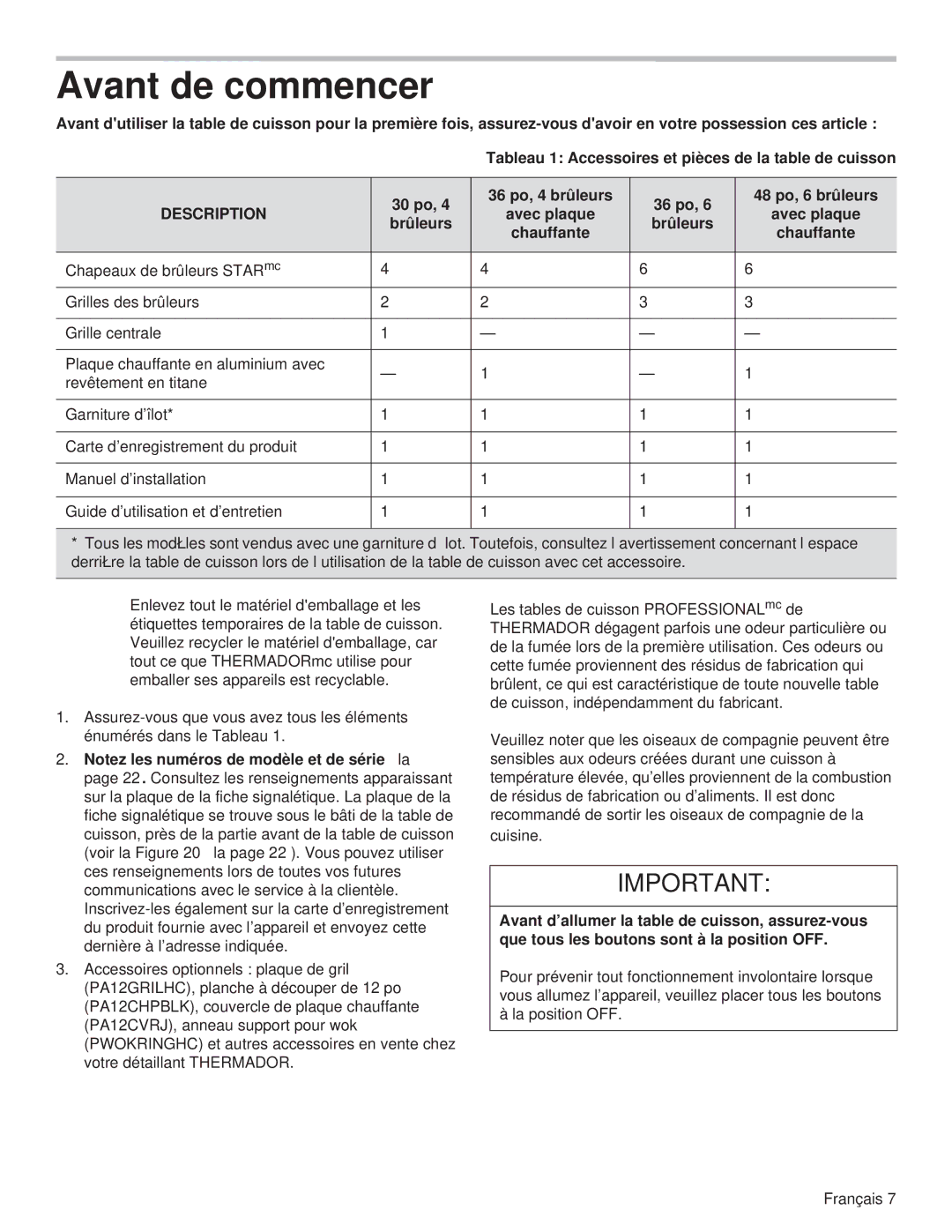 Thermador PCG36, PCG48, PCG30 manual Avant de commencer, Brûleurs Chauffante 