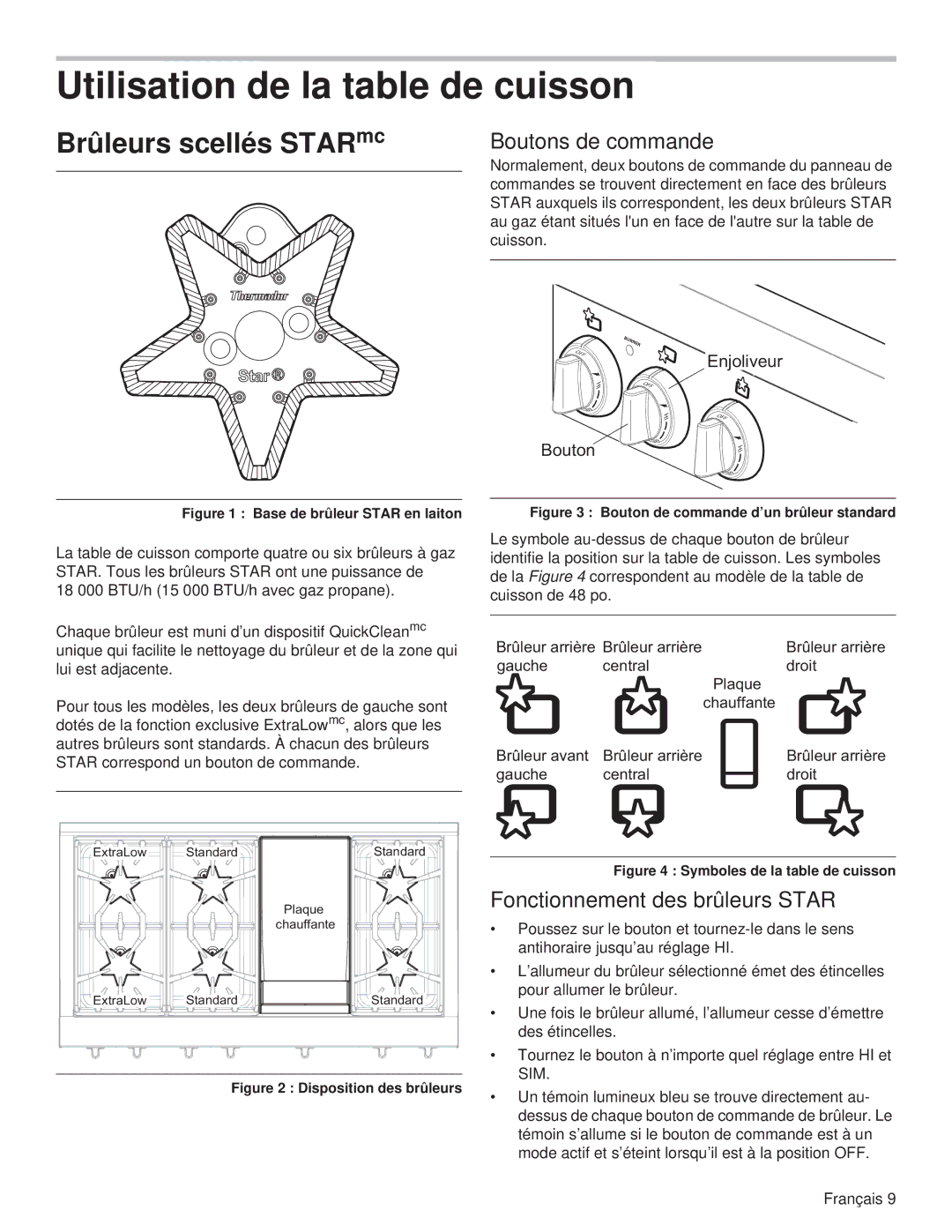 Thermador PCG30, PCG36, PCG48 Utilisation de la table de cuisson, Brûleurs scellés STARmc, Fonctionnement des brûleurs Star 