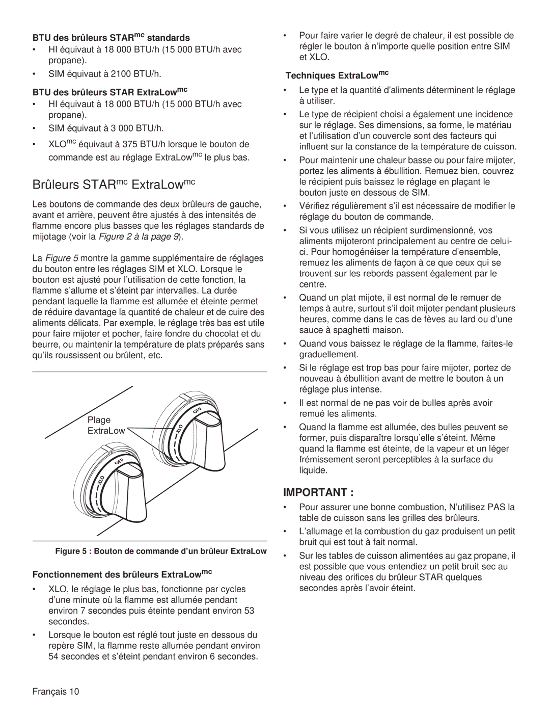 Thermador PCG36, PCG48 Brûleurs STARmc ExtraLowmc, BTU des brûleurs STARmc standards, BTU des brûleurs Star ExtraLowmc 