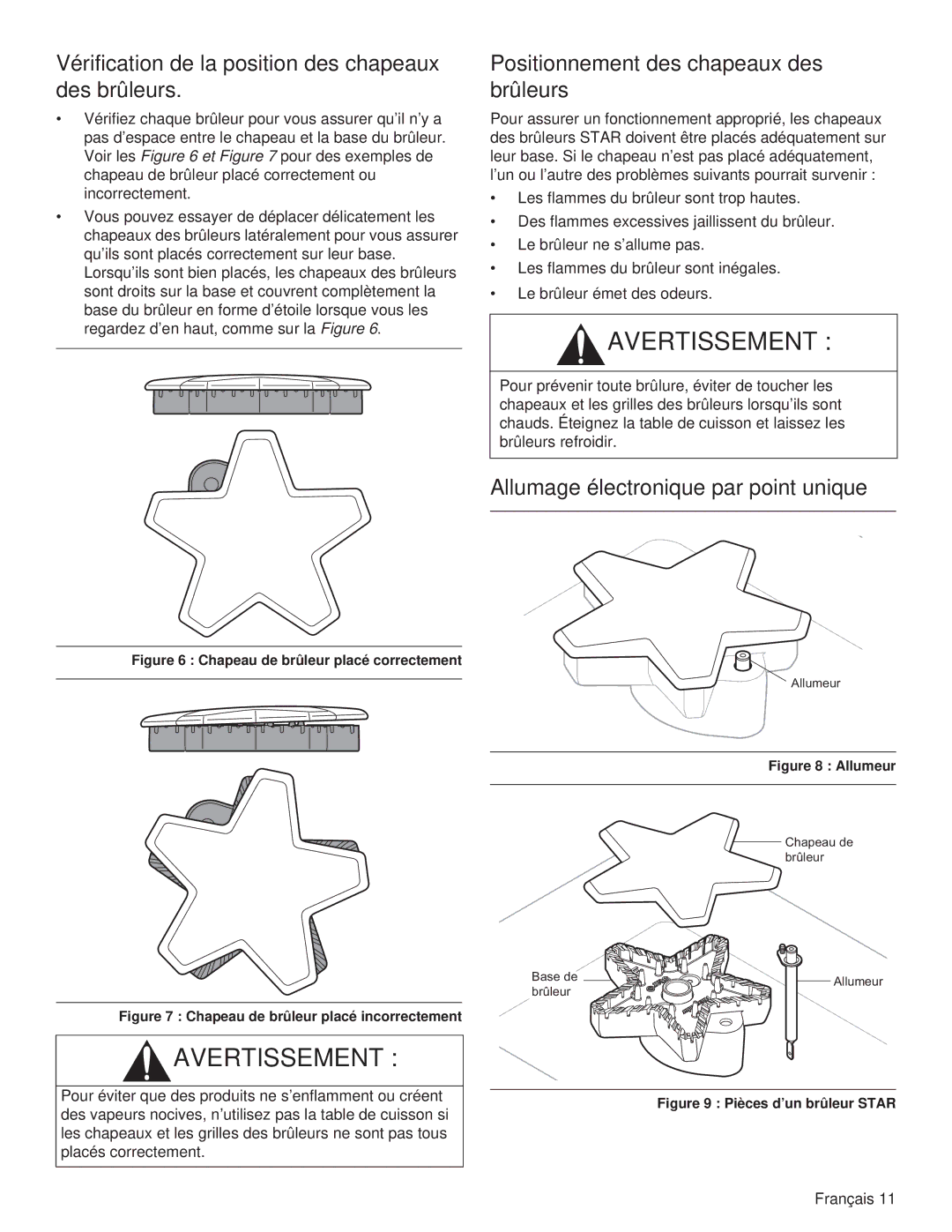 Thermador PCG48, PCG36 Vérification de la position des chapeaux des brûleurs, Positionnement des chapeaux des brûleurs 