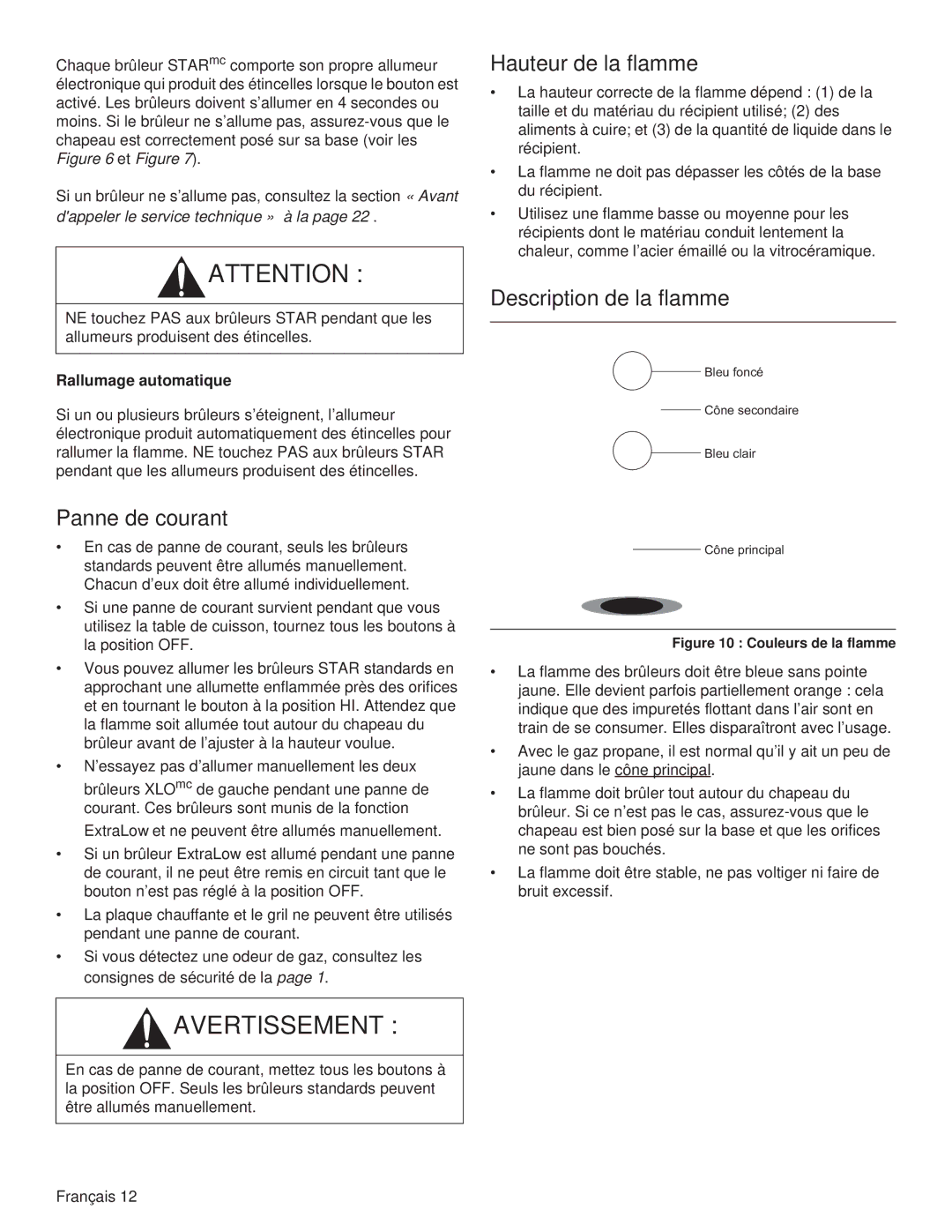 Thermador PCG30, PCG36, PCG48 manual Panne de courant, Hauteur de la flamme, Description de la flamme, Rallumage automatique 