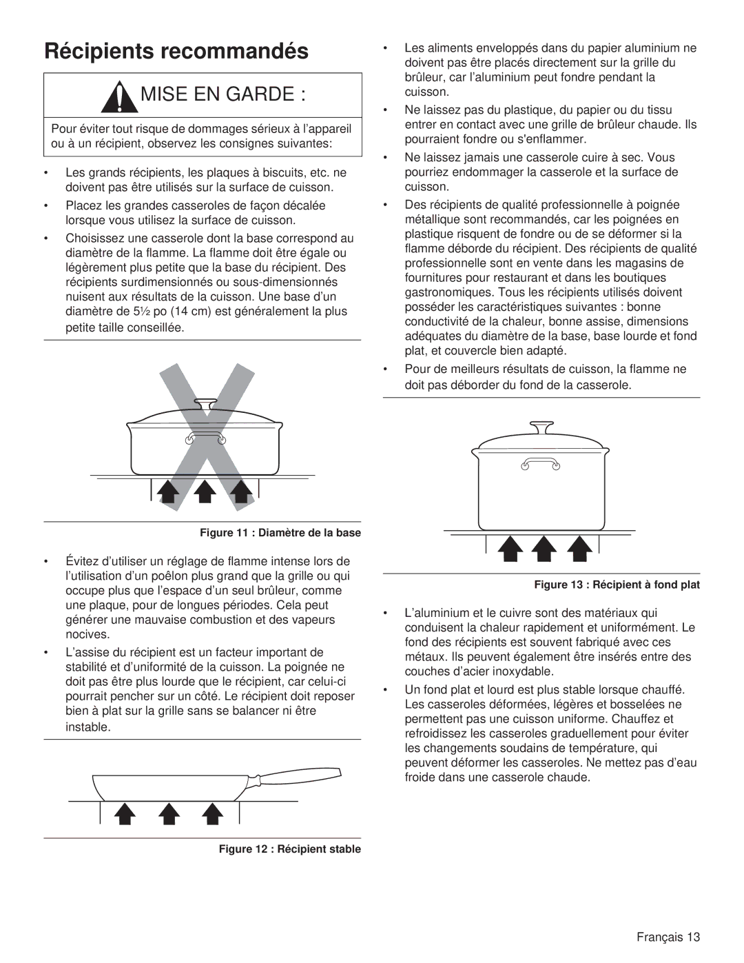 Thermador PCG36, PCG48, PCG30 manual Récipients recommandés, Mise EN Garde 