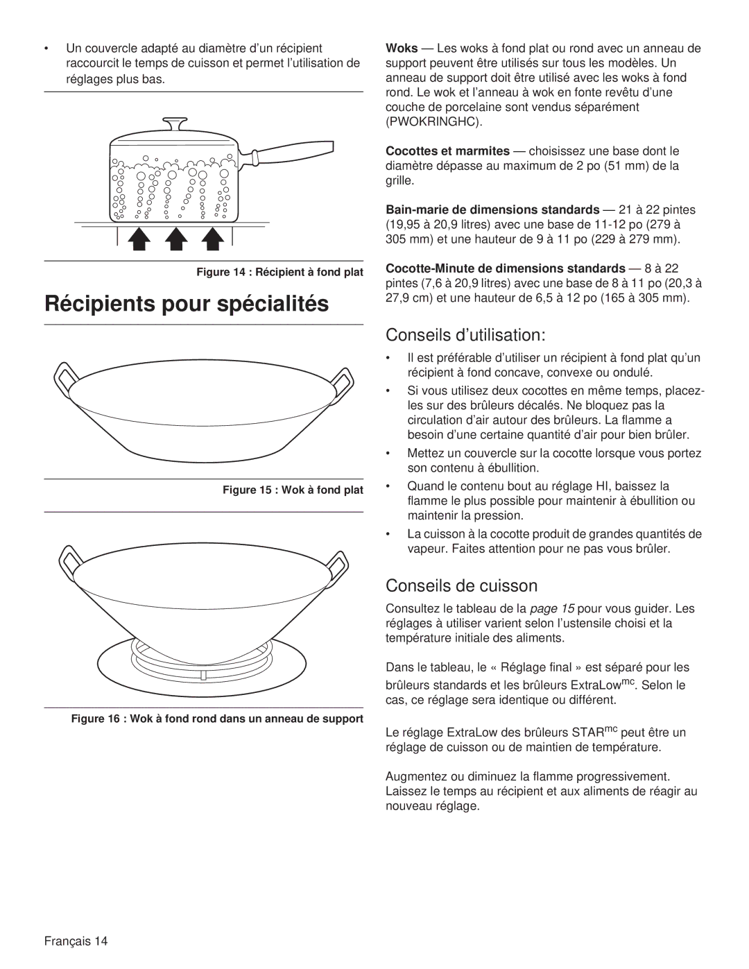 Thermador PCG48, PCG36, PCG30 manual Récipients pour spécialités, Conseils d’utilisation, Conseils de cuisson 