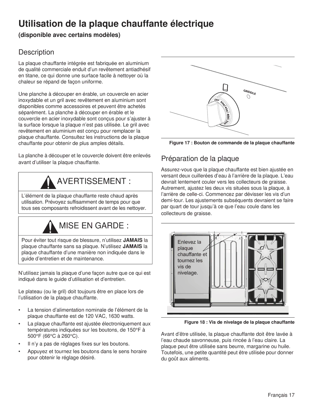 Thermador PCG48, PCG36, PCG30 manual Utilisation de la plaque chauffante électrique, Préparation de la plaque 