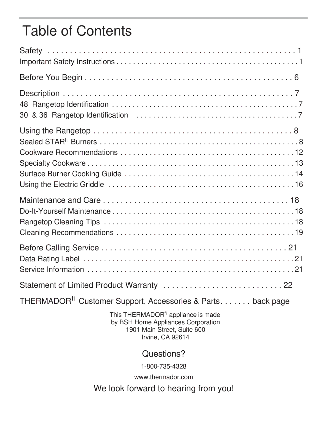 Thermador PCG30, PCG36, PCG48 manual Table of Contents 