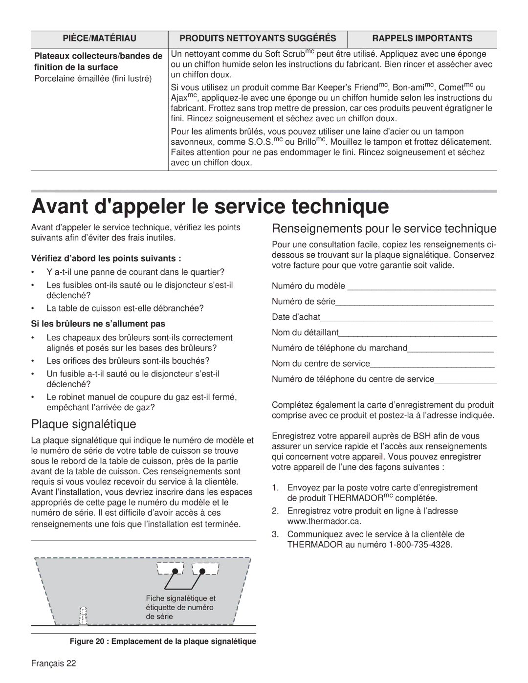 Thermador PCG36, PCG48 Avant dappeler le service technique, Plaque signalétique, Renseignements pour le service technique 