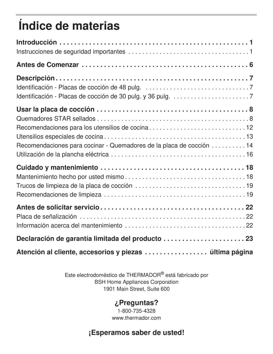 Thermador PCG36, PCG48 Instrucciones de seguridad importantes, Placa de señalización Información acerca del mantenimiento 