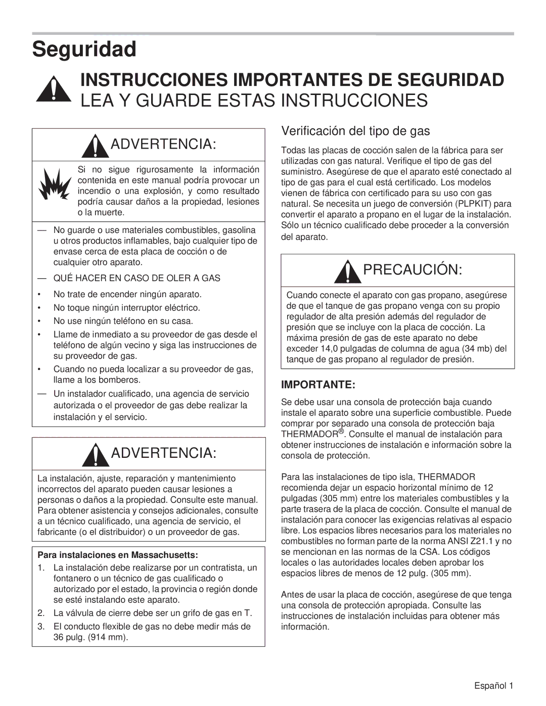 Thermador PCG48, PCG36, PCG30 manual Seguridad, Verificación del tipo de gas, QUÉ Hacer EN Caso DE Oler a GAS 