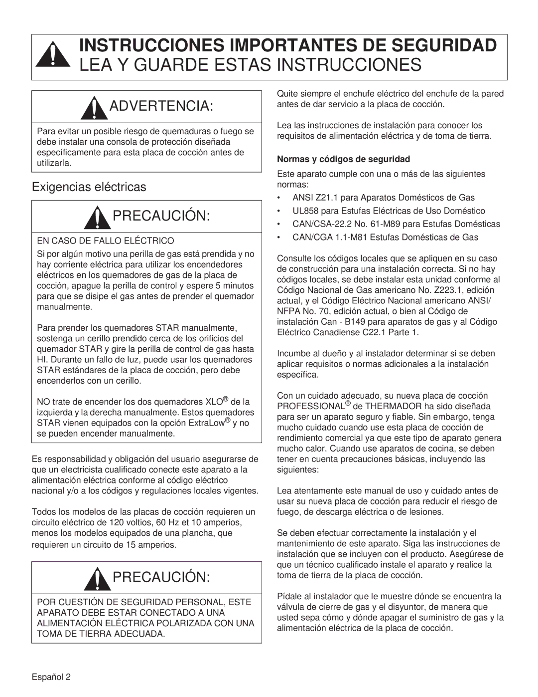 Thermador PCG30, PCG36, PCG48 manual Exigencias eléctricas, EN Caso DE Fallo Eléctrico, Normas y códigos de seguridad 