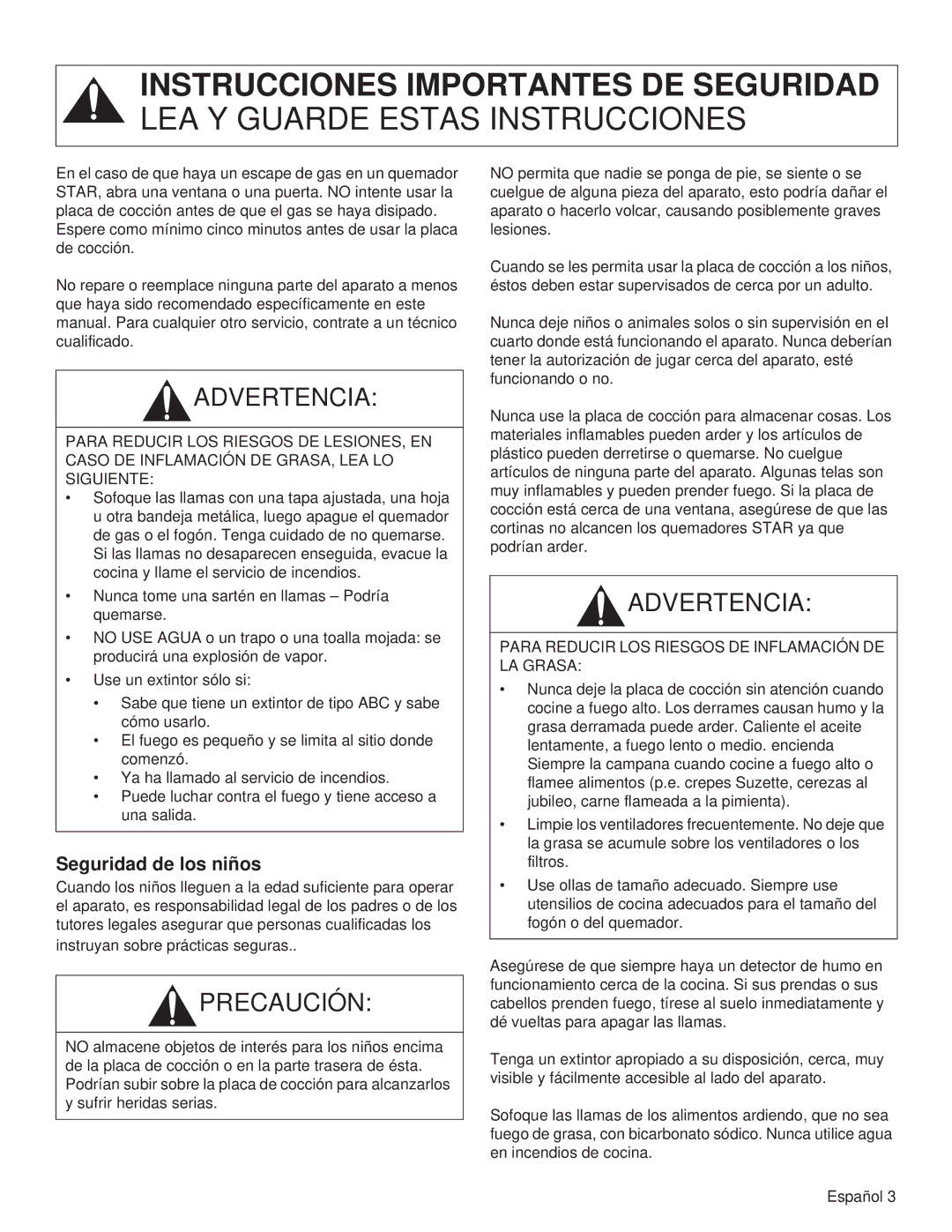 Thermador PCG36, PCG48, PCG30 manual Seguridad de los niños, Para Reducir LOS Riesgos DE Inflamación DE LA Grasa 