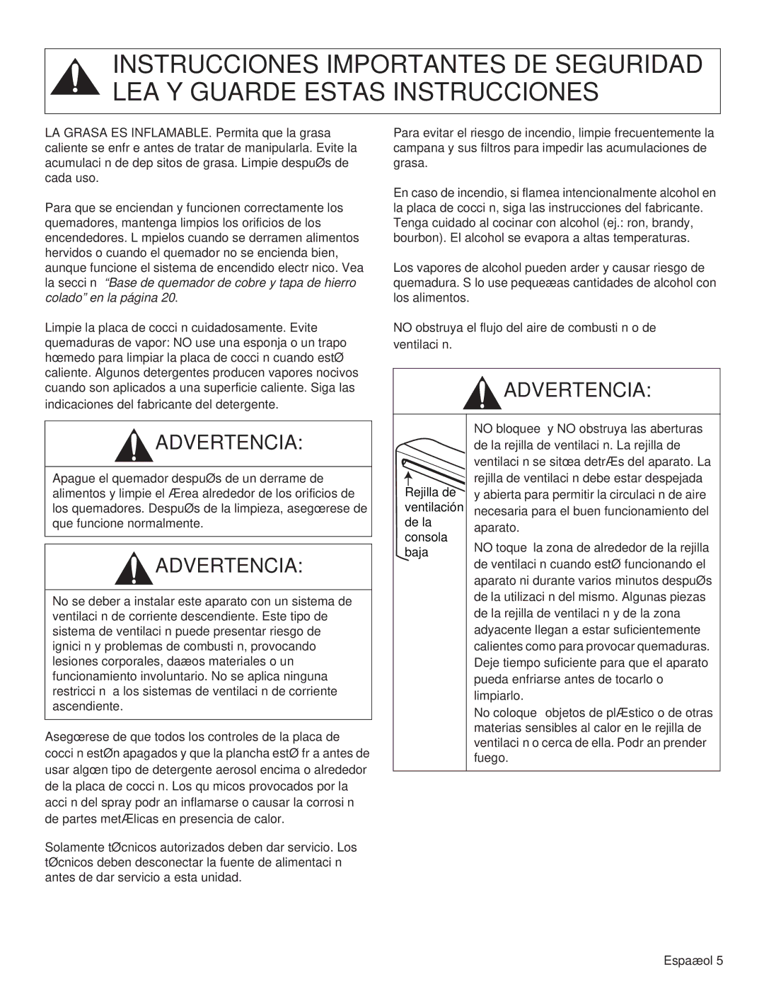 Thermador PCG30, PCG36, PCG48 manual No bloquee y no obstruya las aberturas 