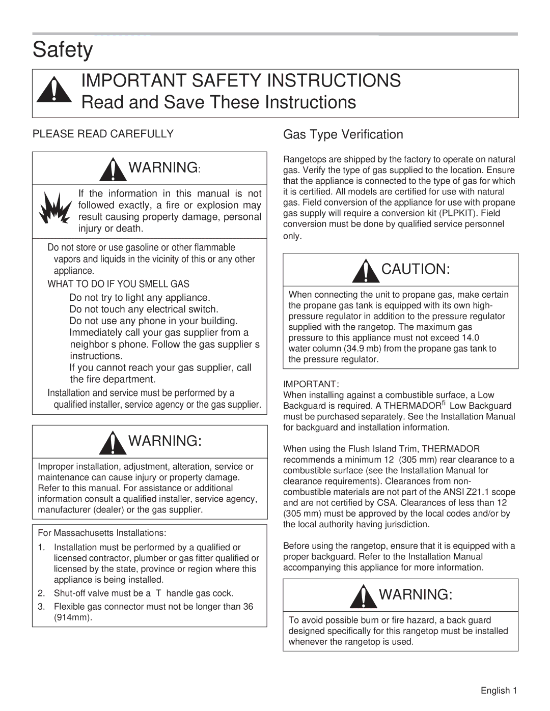 Thermador PCG36, PCG48, PCG30 manual Safety, Gas Type Verification 