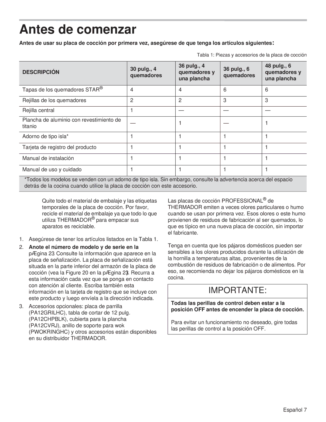 Thermador PCG48, PCG36, PCG30 manual Antes de comenzar, Pulg, Descripción, Quemadores y Una plancha 