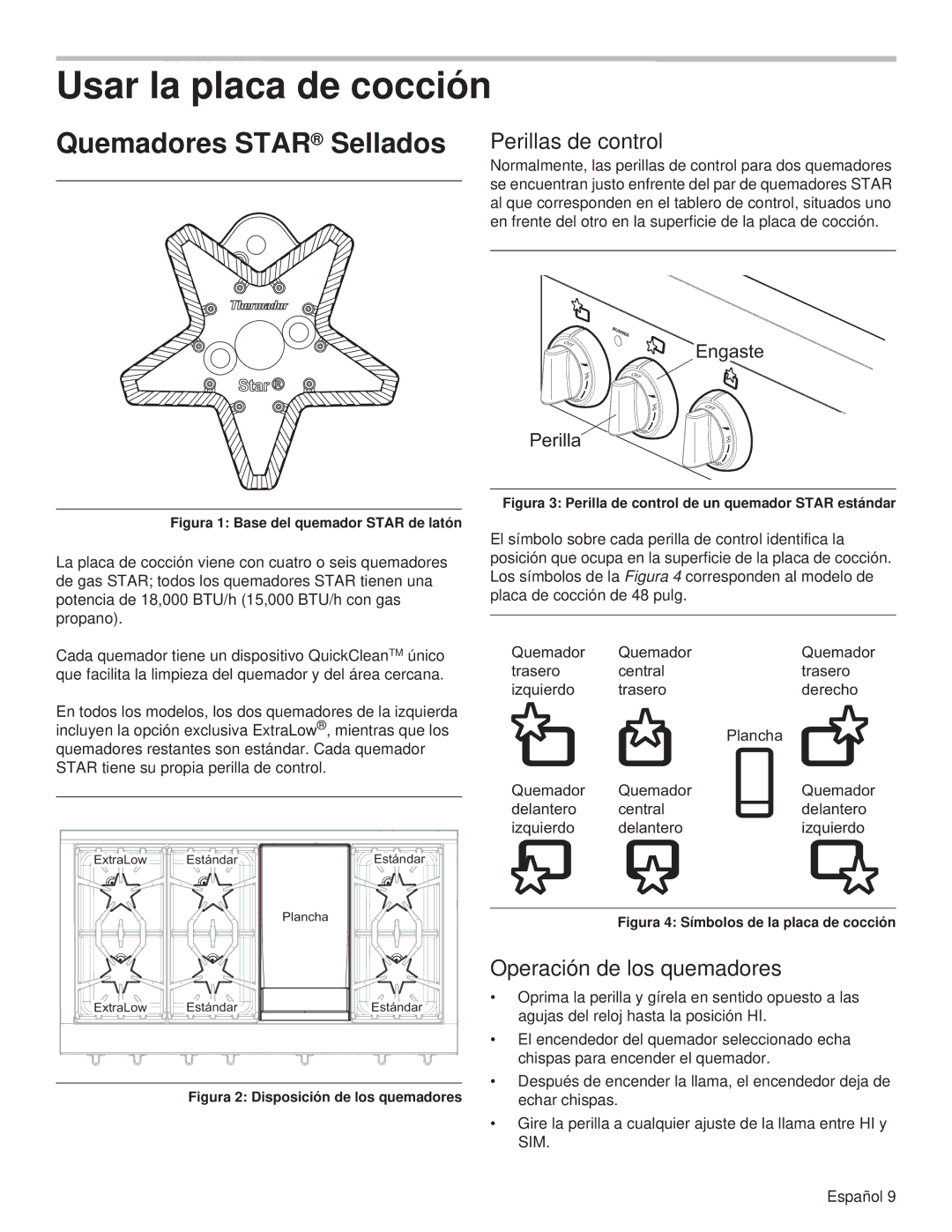 Thermador PCG36 manual Usar la placa de cocción, Quemadores Star Sellados, Perillas de control, Operación de los quemadores 