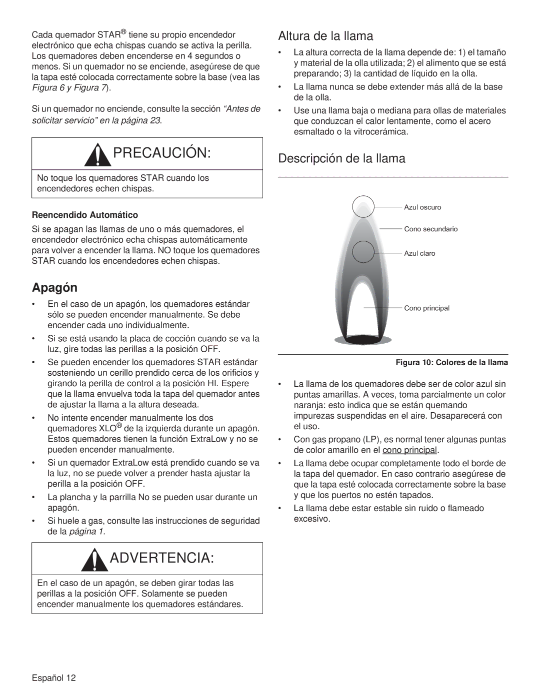 Thermador PCG36, PCG48, PCG30 manual Altura de la llama, Descripción de la llama, Reencendido Automático 