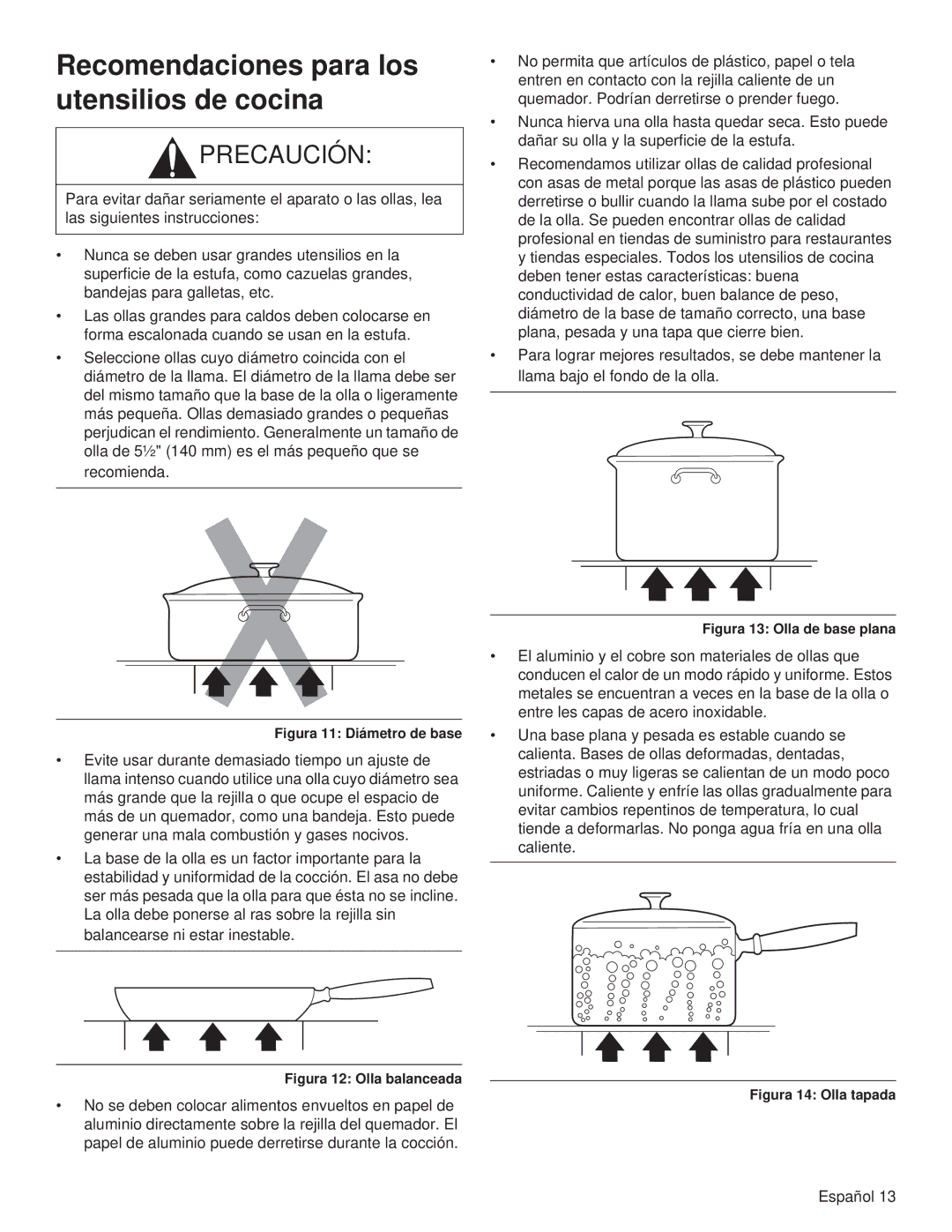 Thermador PCG48, PCG36, PCG30 manual Recomendaciones para los utensilios de cocina, Figura 11 Diámetro de base 