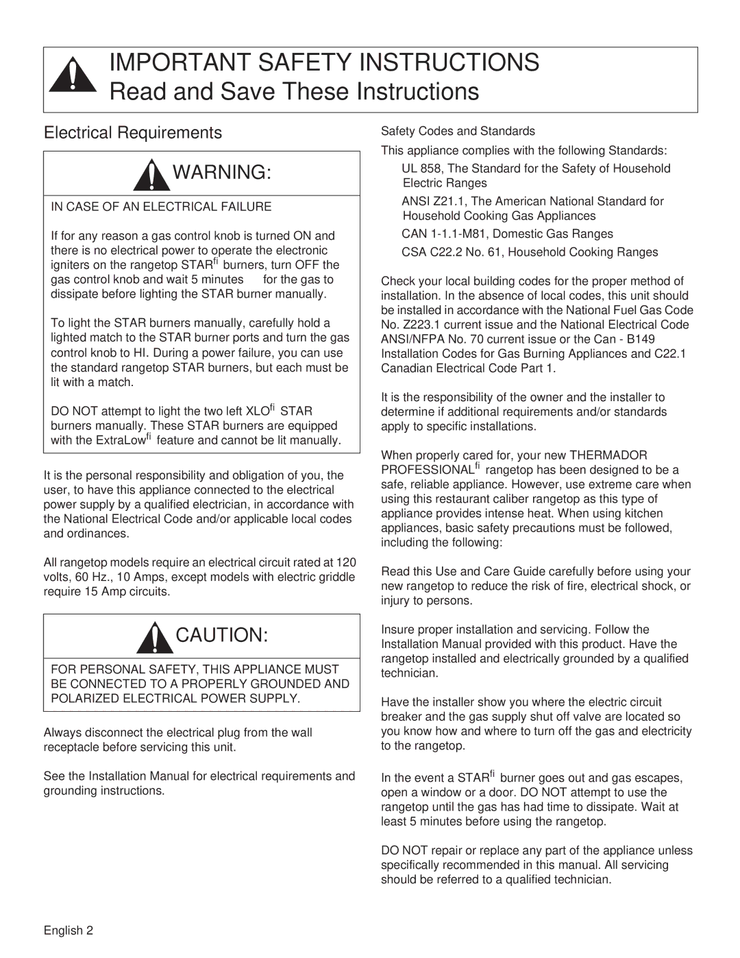 Thermador PCG48, PCG36, PCG30 manual Electrical Requirements, Case of AN Electrical Failure, Safety Codes and Standards 