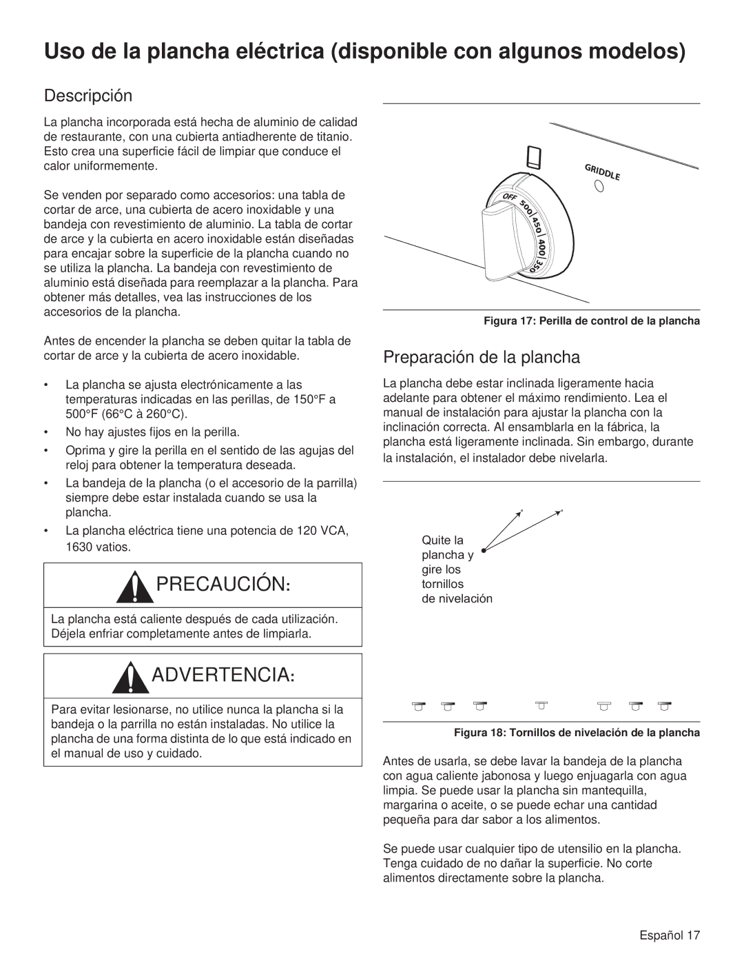 Thermador PCG30, PCG36 Uso de la plancha eléctrica disponible con algunos modelos, Descripción, Preparación de la plancha 