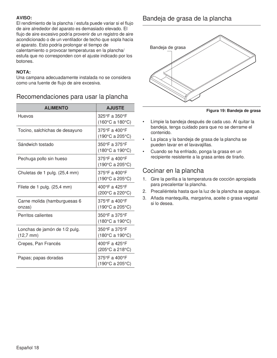 Thermador PCG36, PCG48, PCG30 Recomendaciones para usar la plancha, Bandeja de grasa de la plancha, Cocinar en la plancha 