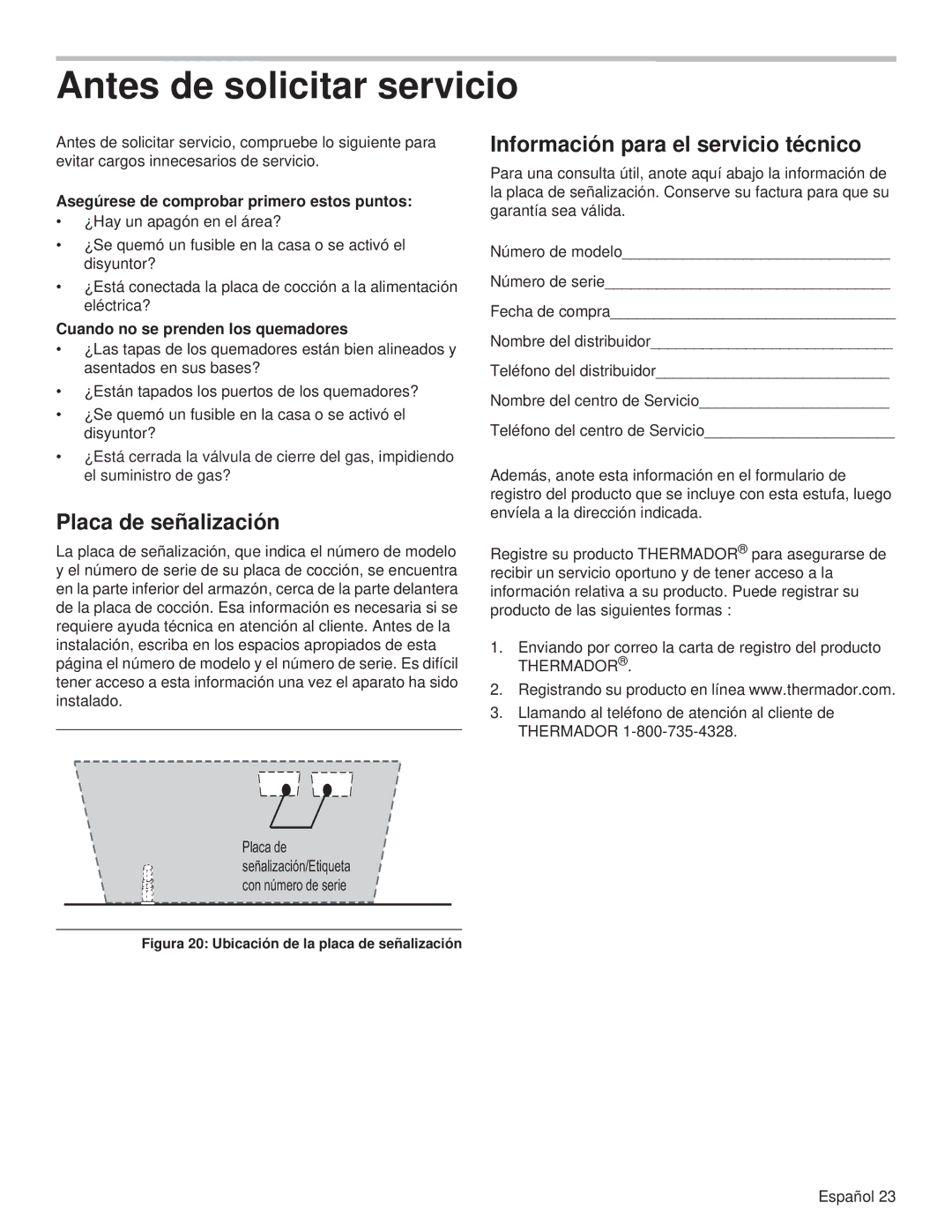 Thermador PCG30, PCG36, PCG48 manual Antes de solicitar servicio, Asegúrese de comprobar primero estos puntos, Thermador 