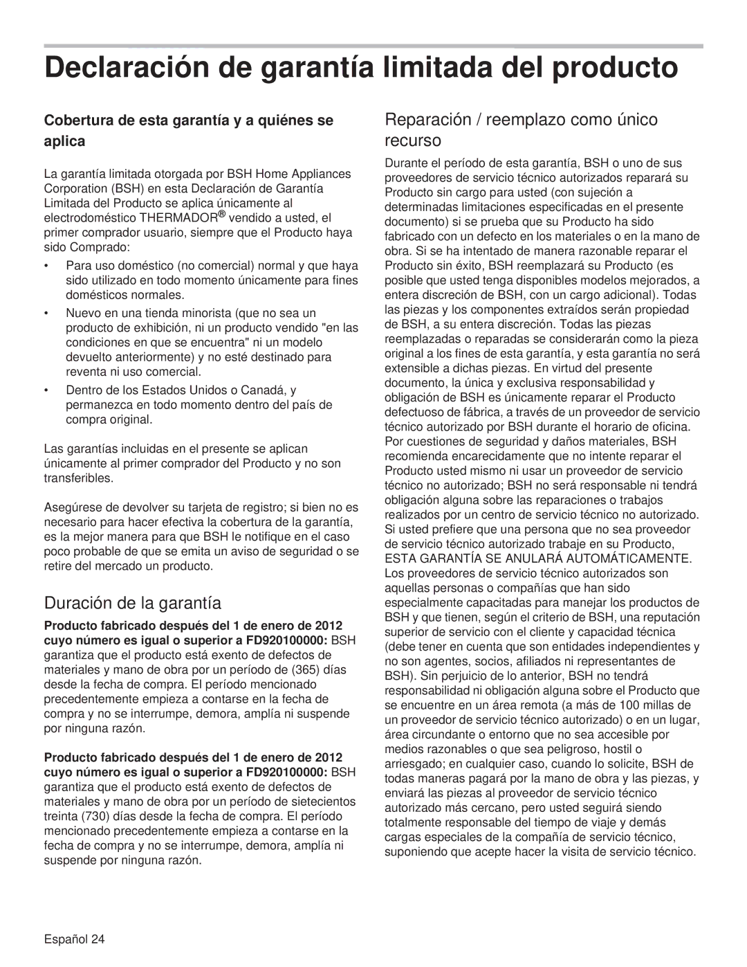 Thermador PCG36, PCG48, PCG30 manual Declaración de garantía limitada del producto, Duración de la garantía 